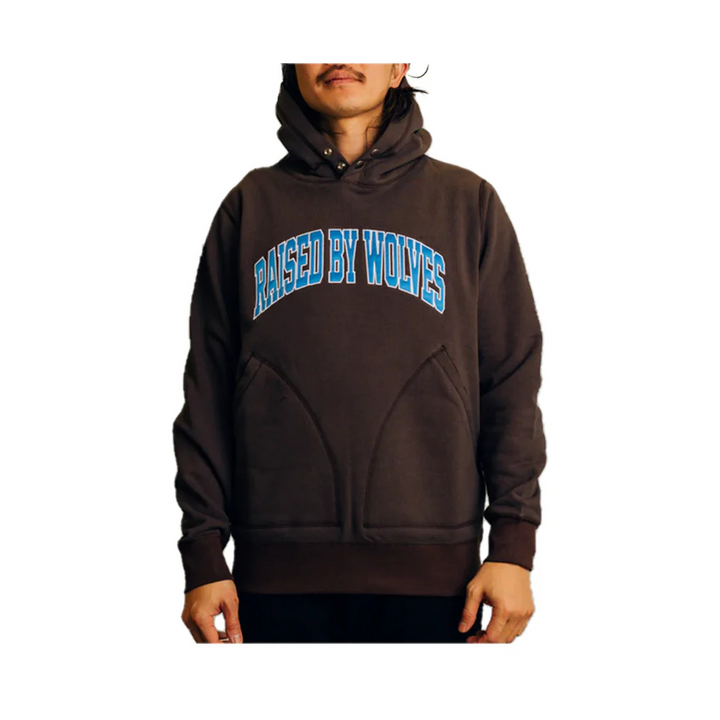 RAISED BY WOLVES - COLLEGIATE TWO-POCKET SNAP HOODIE - CHOCOLATE