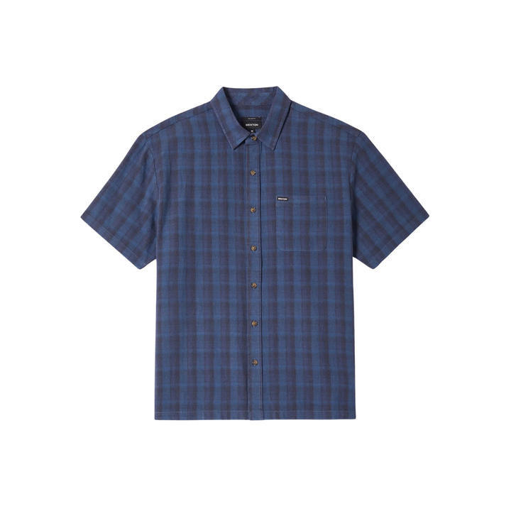 BRIXTON - CRU LINEN BLEND PLAID S/S WVN - DARK BLUE/BLACK PLAID -
