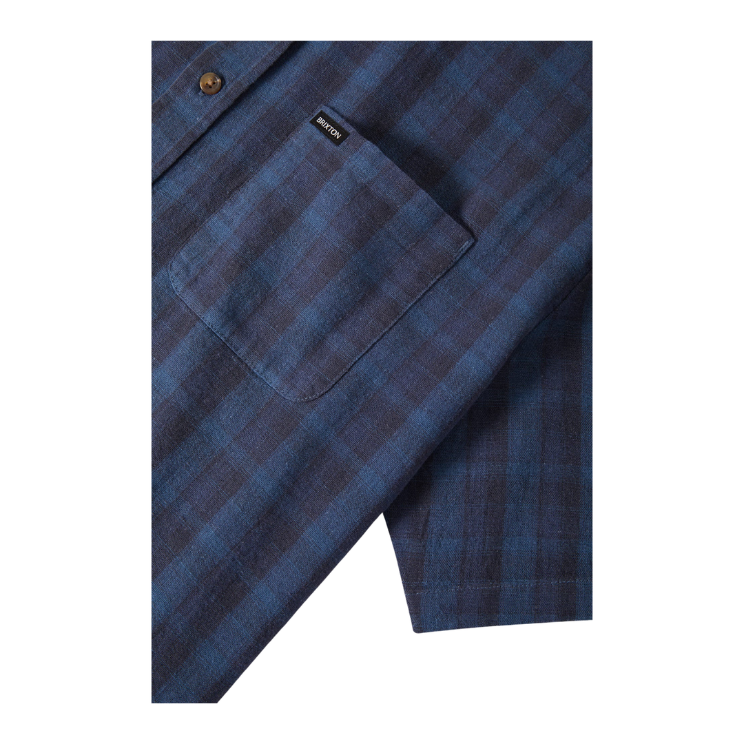 BRIXTON - CRU LINEN BLEND PLAID S/S WVN - DARK BLUE/BLACK PLAID -