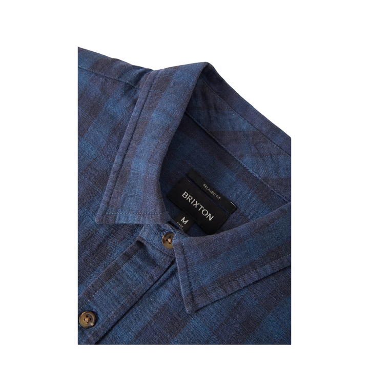 BRIXTON - CRU LINEN BLEND PLAID S/S WVN - DARK BLUE/BLACK PLAID -