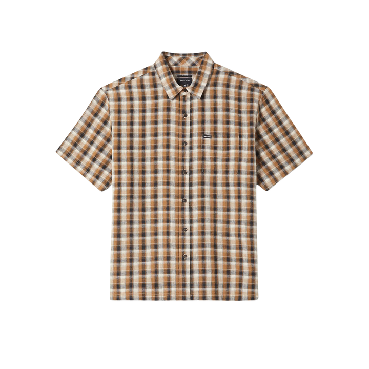 BRIXTON - CRU LINEN BLEND PLAID S/S WVN - BLACK/TOBACCO PLAID -
