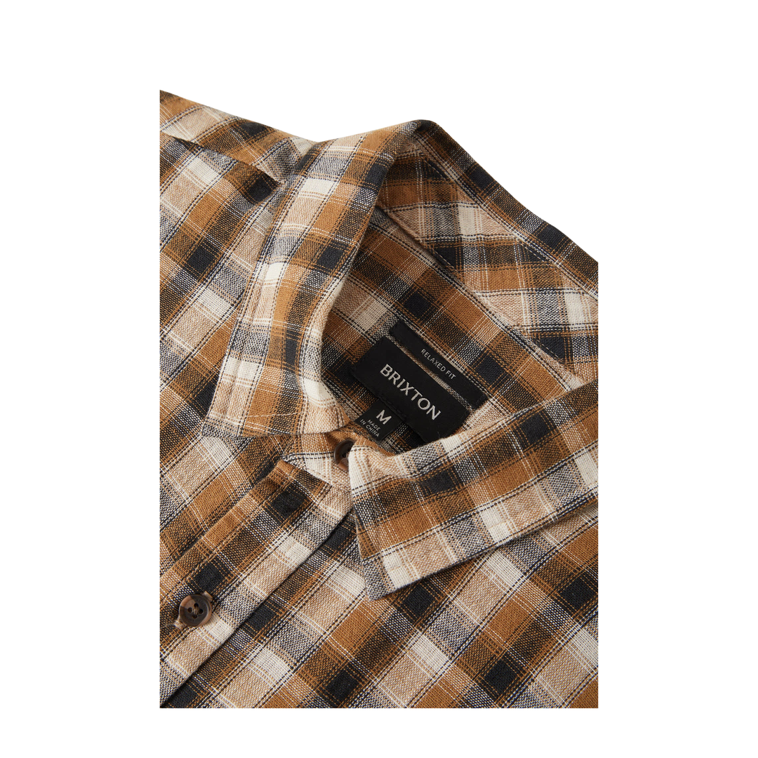 BRIXTON - CRU LINEN BLEND PLAID S/S WVN - BLACK/TOBACCO PLAID -