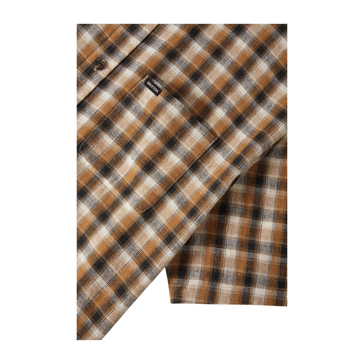 BRIXTON - CRU LINEN BLEND PLAID S/S WVN - BLACK/TOBACCO PLAID -