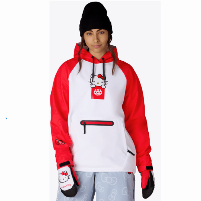 686 - WOMENS HELLO KITTY WATER PROOF HOODIE -WHITE/RED -